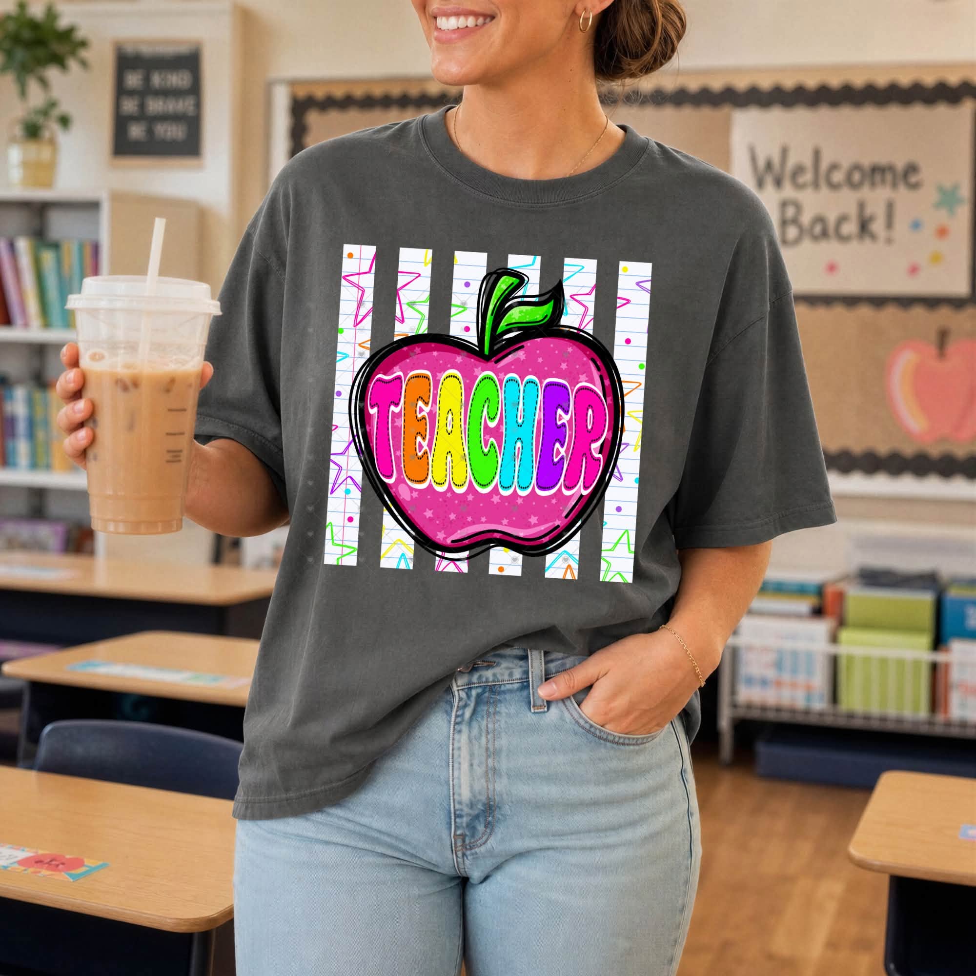 Teacher Para SPED Nurse School Neon Apple-ADULT