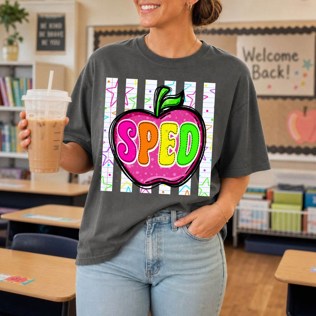 Teacher Para SPED Nurse School Neon Apple-ADULT