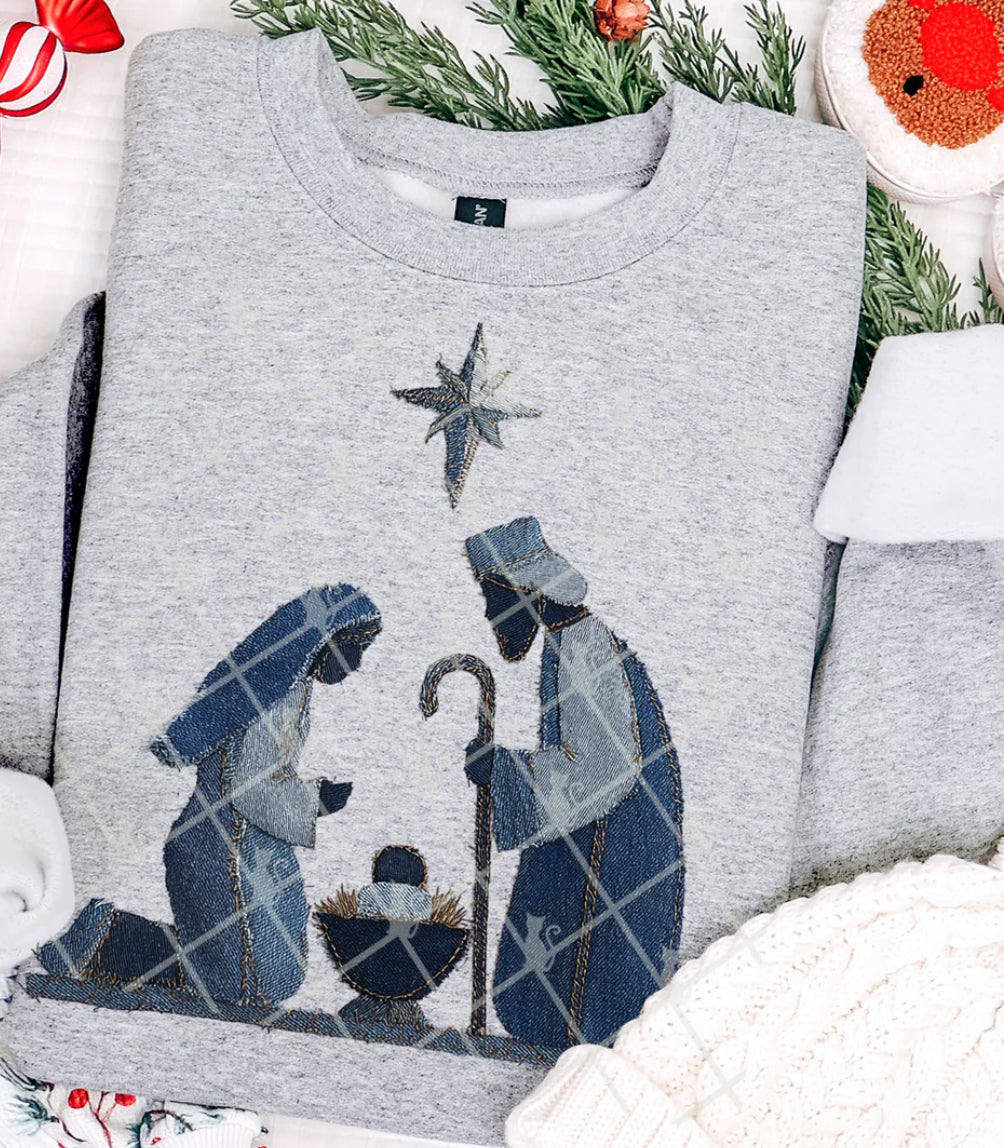 Faux Denim Nativity Christmas- ADULT