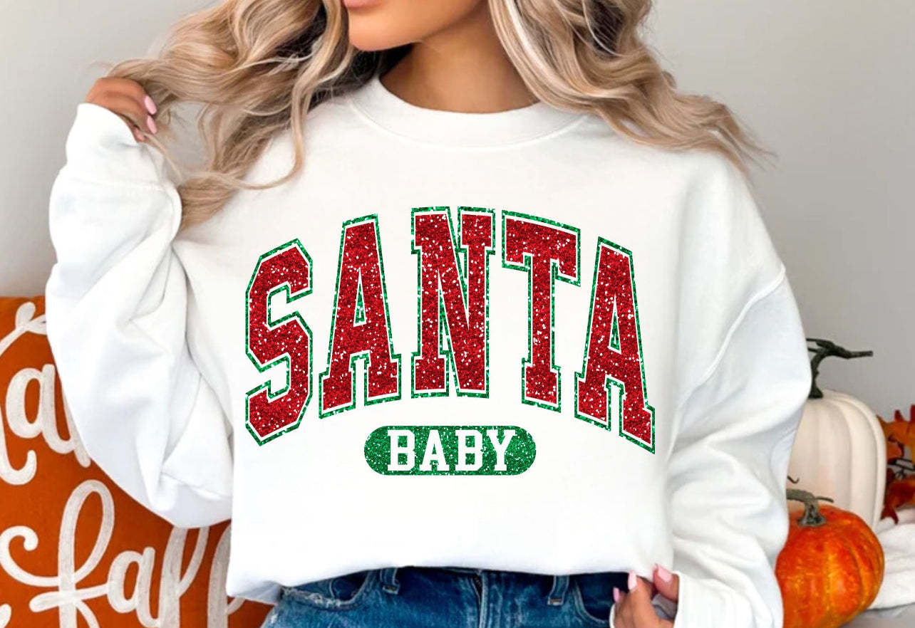 Santa Baby Faux Glitter Varsity- ADULT