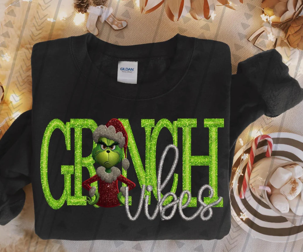 Faux Embroidered Glitter Green Guy Vibes- ADULT