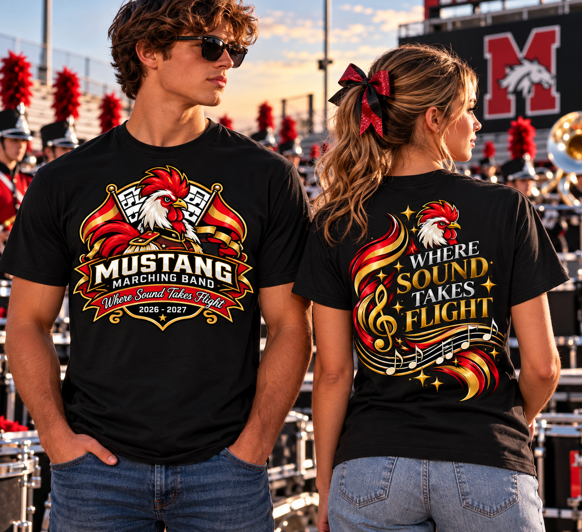 *EXCLUSIVE DESIGN* Mustang Marching Band Rooster Tales Front and Back -ADULT