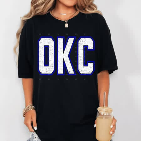 OKC Distressed Blue and White Thund Basketball-ADULT