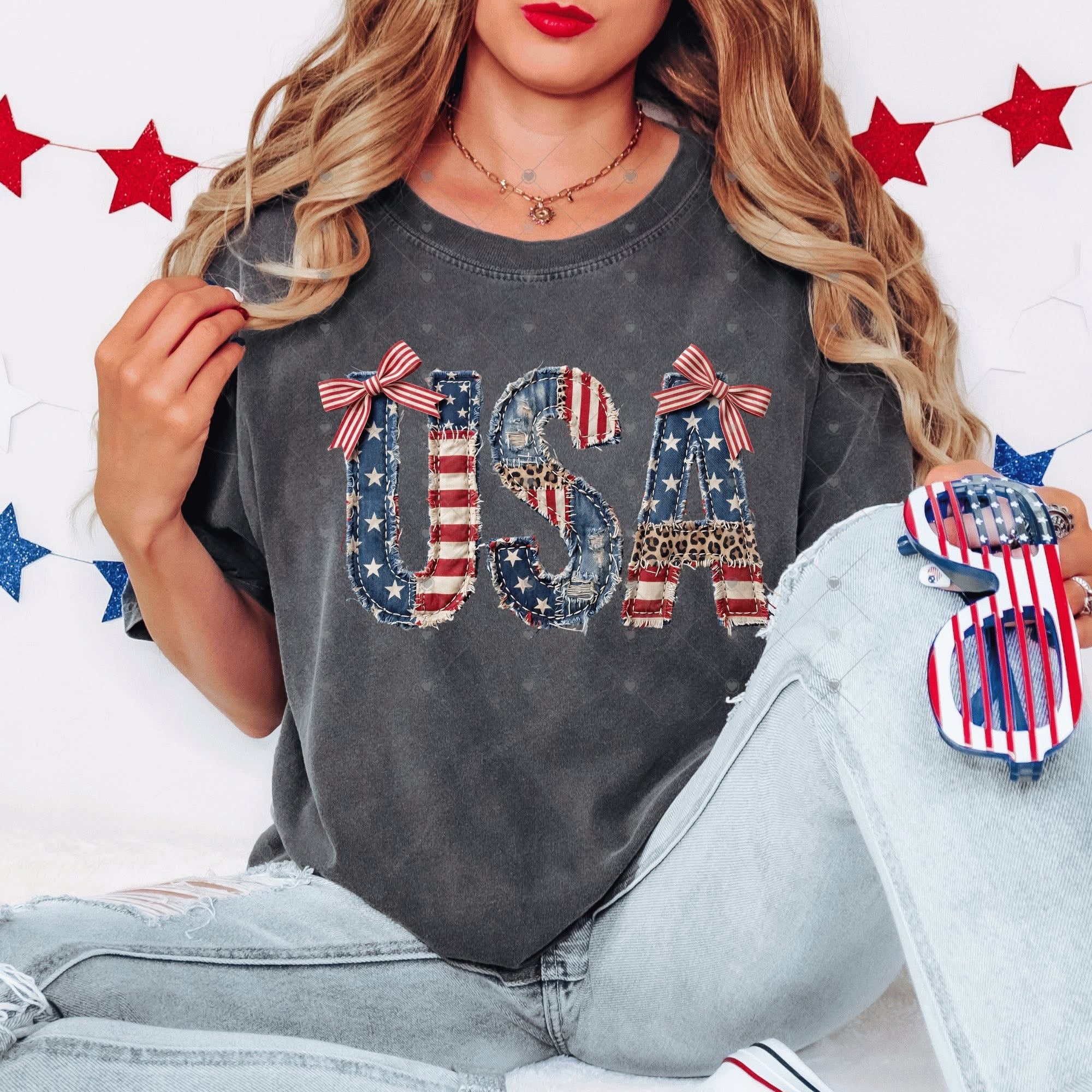 USA Faux Denim Patchwork Bow-ADULT