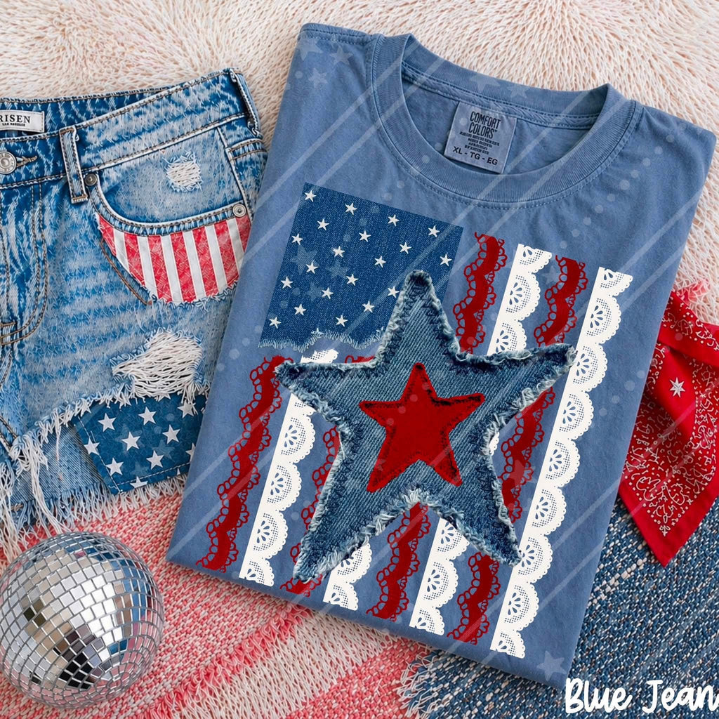 Star Faux Denim Patchwork -ADULT